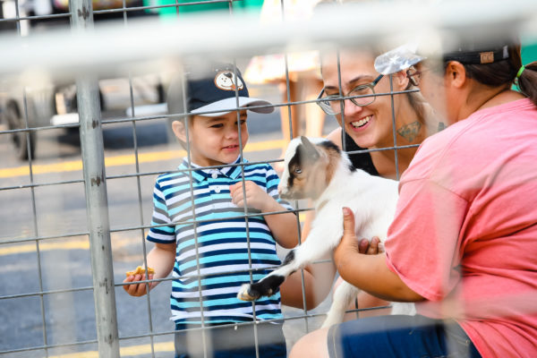 Child and mother visit petting zoo